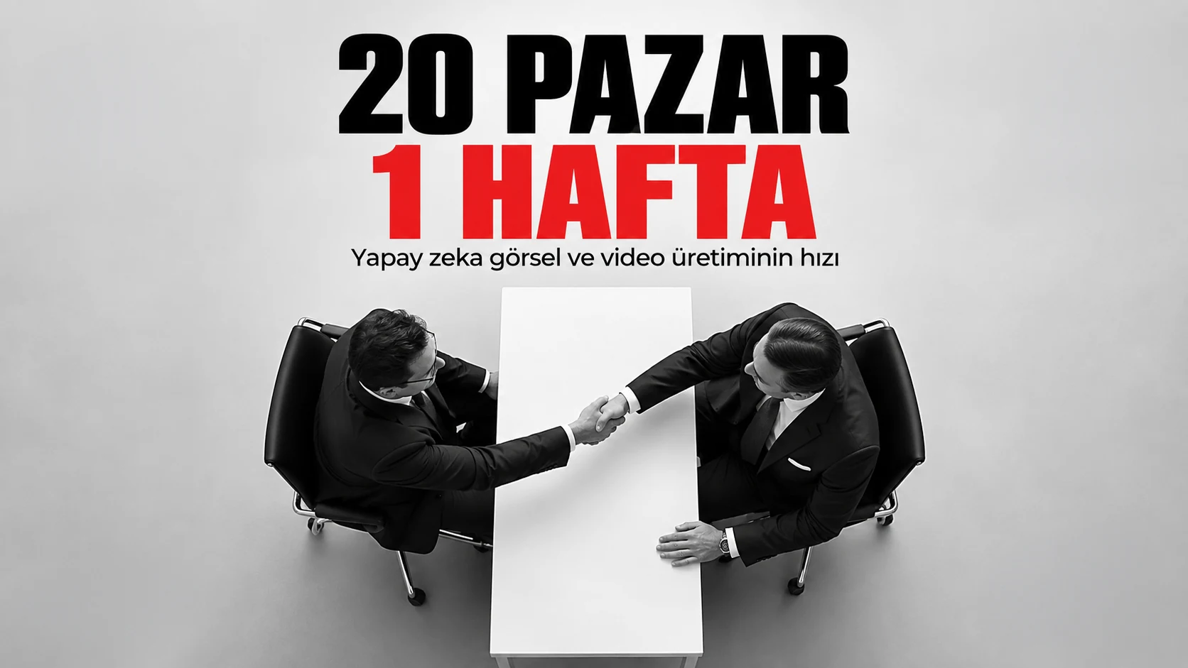 Siyah beyaz bir toplantı masasında iki kişinin tokalaştığı görsel; üstte kırmızı ve siyah büyük harflerle ‘20 PAZAR 1 HAFTA’ yazısı ve altında ‘Yapay zeka görsel ve video üretiminin hızı’ alt başlığı