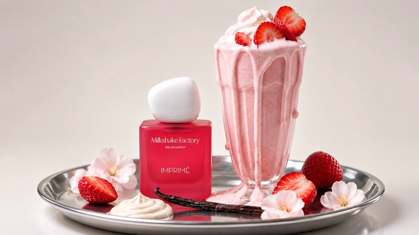 Gümüş bir tepside kırmızı 'Milkshake Factory Imprimé' parfüm şişesi, yanında çilekli krem şanti dolgulu bir milkshake, taze çilekler, vanilya çubuğu ve kiraz çiçekleri